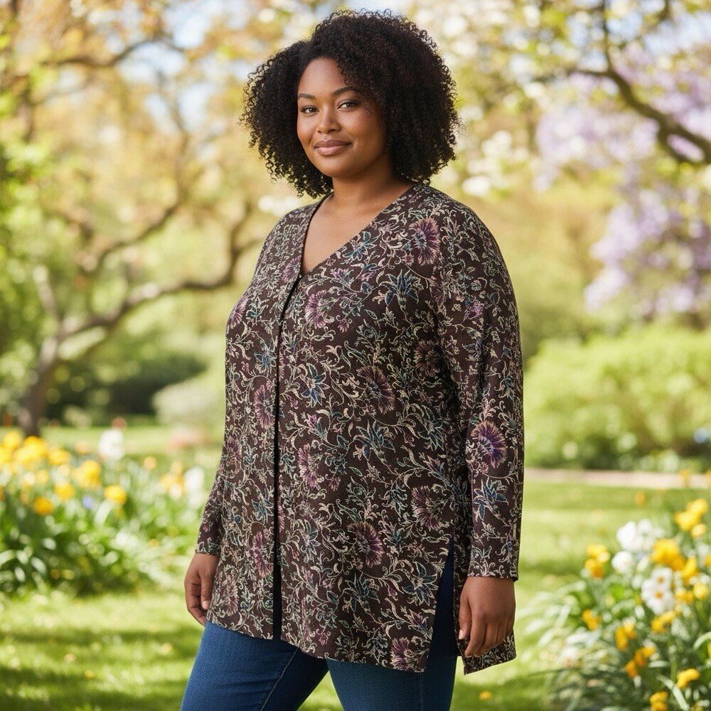 Vintage Valerie Stevens Silk Floral Blouse Size 2X Romantic Dark Lightweight